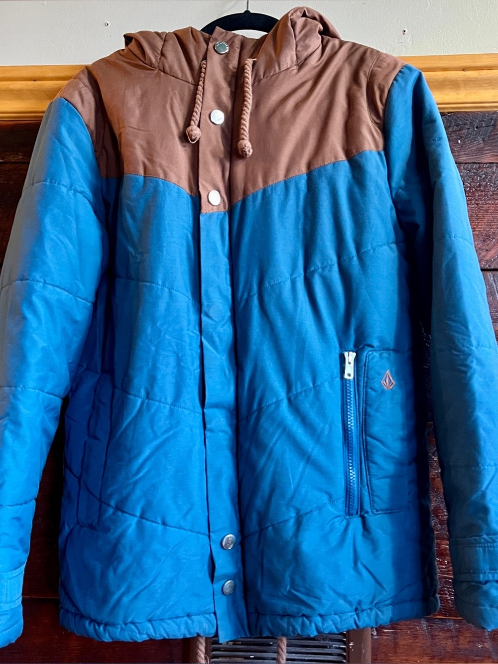 Volcom Workwear Brostache Quilted Hooded Jacket Coat Blue Brown Men’s Small